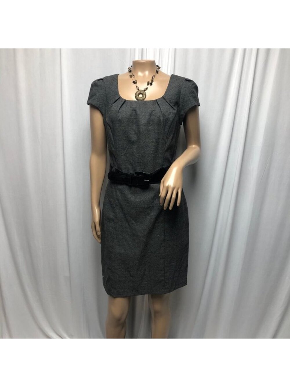 BCX Dress Womens Size 11 Gray Black Cap Sleeve Stylish Shift with Belt Office
